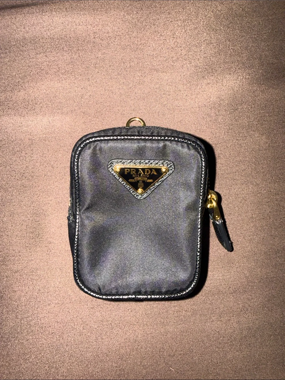 Prada Black Nylon Mini Zip Case with Gold Triangle Logo